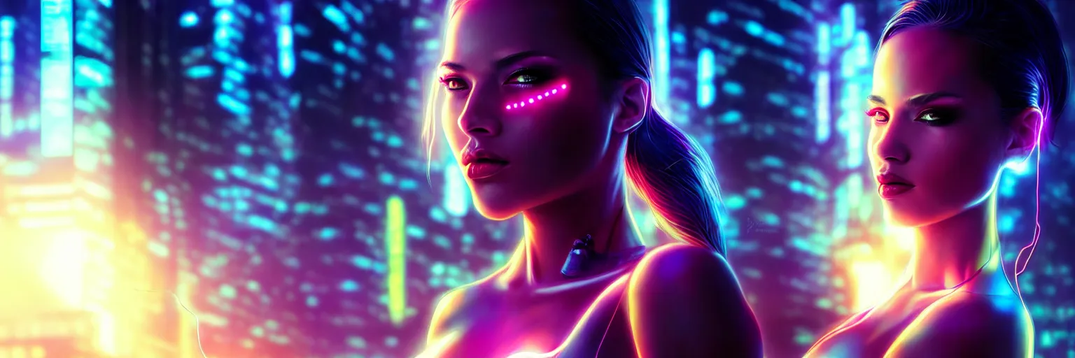 Image similar to backlit portrait of one female humanoid in a cyberpunk cityscape, half body cropping, elegant glamor pose, accurate anatomy, cyber led neon lighting, bokeh, rule of thirds, hyper photorealistic, crispy quality, digital photography, art by pascal blanche, art by artgerm, art by greg rutkowski,