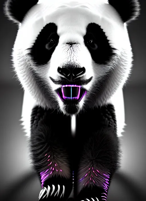 Image similar to a synthwave panda, face is made intricate tribal bio - mechanical, bw, unreal engine, glamor shot, nikon d 7 5 0, closeup, f / 2. 8, low contrast, 1 6 k, rim lighting, optical fiber, cinematic lighting, insanely detailed and intricate, hypermaximalist, elegant, ornate, hyper realistic,