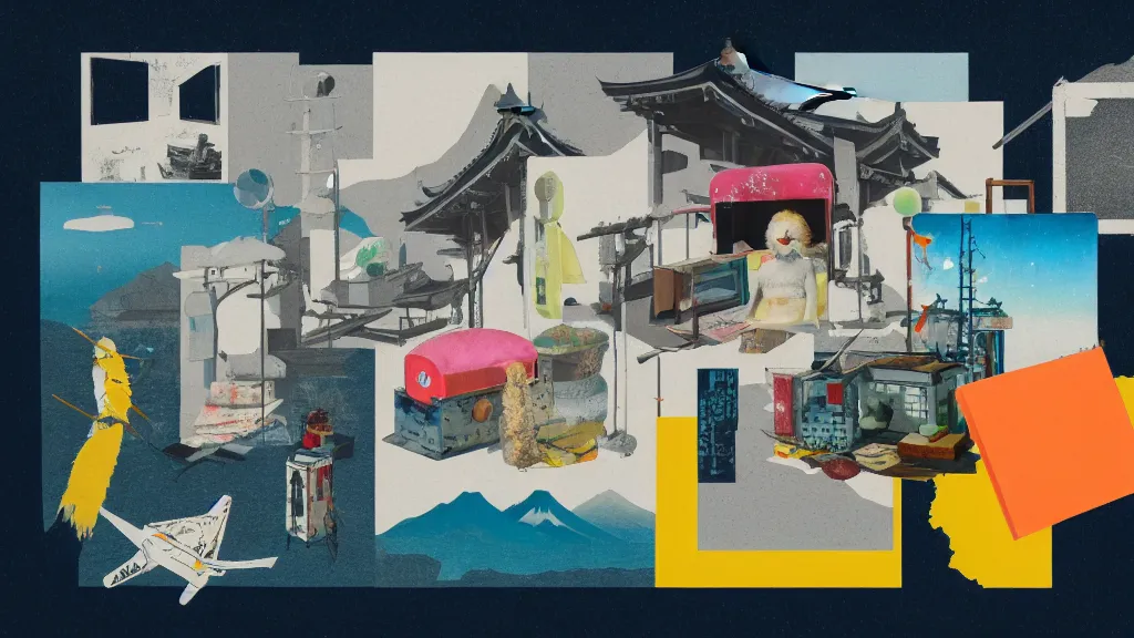 Prompt: an arrangement of traveller explorer props, japan, a collage painting, in the style of wes anderson, lola dupre, david hockney, isolated on negative white space background dark monochrome neon spraypaint accents volumetric octane render