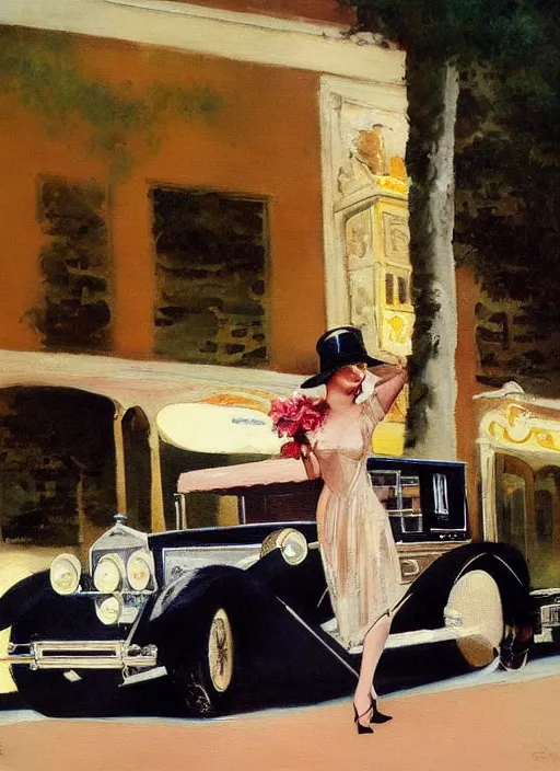 Prompt: a painting of a woman posing in front of a 1920's limo by Louis Icart, highly detailed, masterpiece, trending on ArtStation, ultra realistic