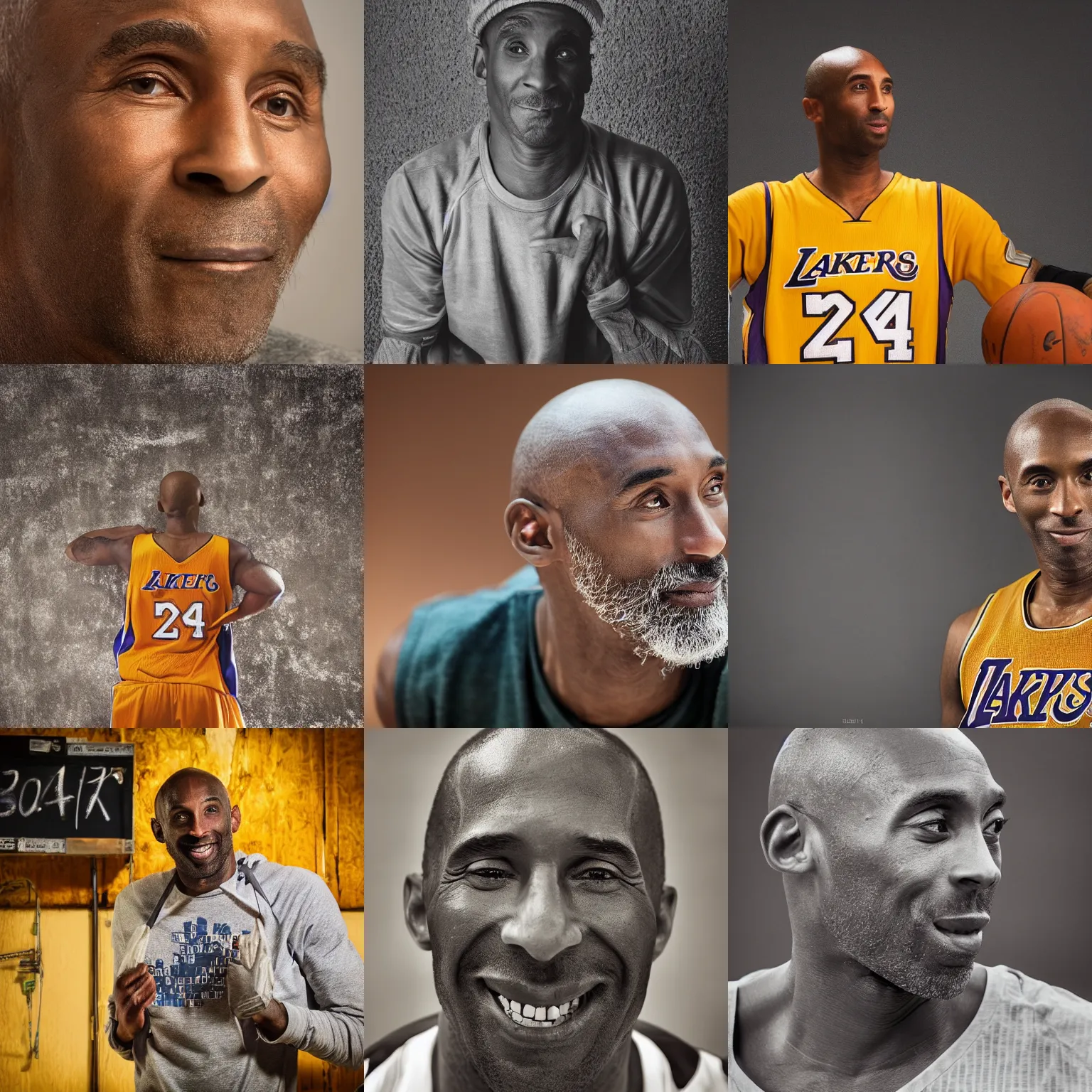 Prompt: portrait of kobe bryant, older and wrinkled, iq 4, f / 1. 4, iso 2 0 0, 1 / 1 6 0 s, 8 k, sense of depth, in - frame, photography by stephen mccurry