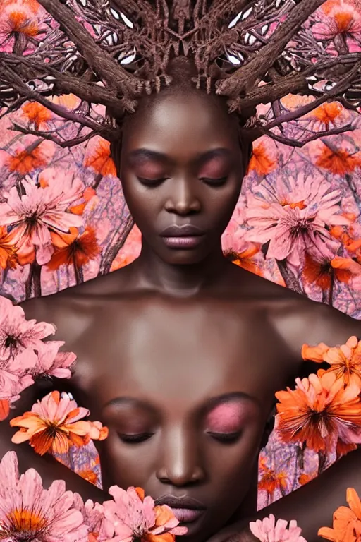 Image similar to hyperrealistic post - renaissance cinematic super expressive! yoruba goddess with exoskeleton armor, merging with tree in a forest, pink orange flowers, highly detailed digital art masterpiece, smooth cam de leon eric zener dramatic pearlescent soft teal light, ground angle hd 8 k, sharp focus