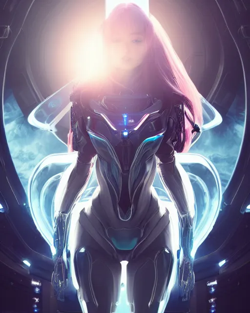 Image similar to perfect android girl on a mothership, warframe armor, beautiful face, scifi, futuristic, galaxy, nebula, raytracing, dreamy, long white hair, blue cyborg eyes, sharp focus, cinematic lighting, highly detailed, artstation, divine, by gauthier leblanc, kazuya takahashi, huifeng huang