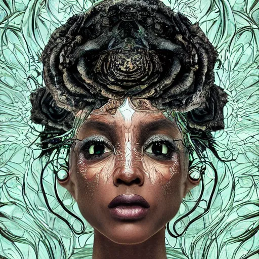 Image similar to portrait of an enchanted being, half human half divine african american goddess of chill, ultra detailed, ornate, organic, haute couture black roses and seaweed, under water, full body, upper light, symmetrical face, hyperrealistic