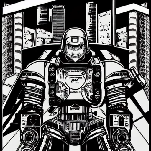 Image similar to Mcbess designed cyberpunk aesthetic TOOL album cover art of a giant mech warrior