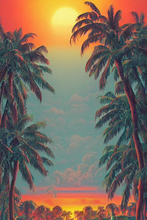 Image similar to a tropical paradise beach filled with palm trees and exotic flowers at sunset by paul lehr, detailed line drawing, intricate, hd, digital art, complementing colors, detailed, illustration painting by alex gray, digital art, moebius