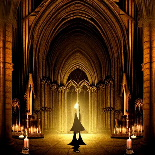 Image similar to a beautiful gothic girl inside a dark gothic cathedral illuminated by candles, impressive scene. grainy and rough. soft colour scheme. beautiful artistic detailed digital art