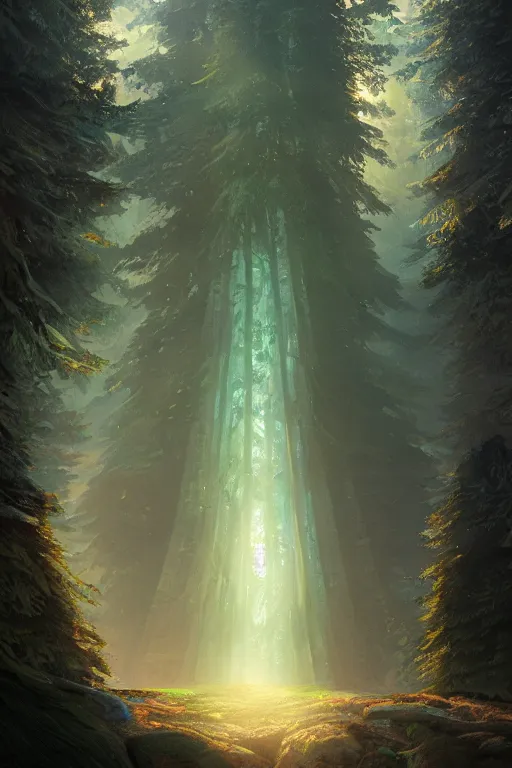 Image similar to a fairy huge sequoia, iridescent crystals on the ground, rays of light, atmospheric, matte-painting, trending on artstation