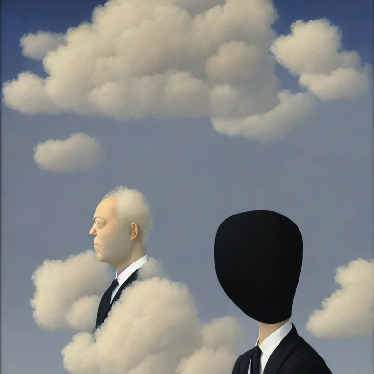 Image similar to portrait of a man made out of clouds in a suit, face hidden by clouds, by rene magritte, detailed painting, hd, hq, high resolution, high detail, 4 k, 8 k