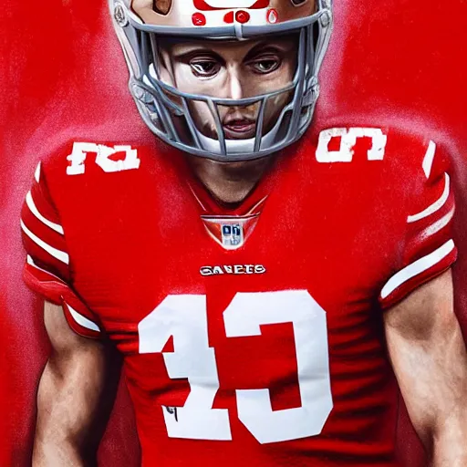 Prompt: Portrait of George Kittle wearing a San Francisco 49ers shirt, ultradetailed, studio lightning, trending on artstation, concept art