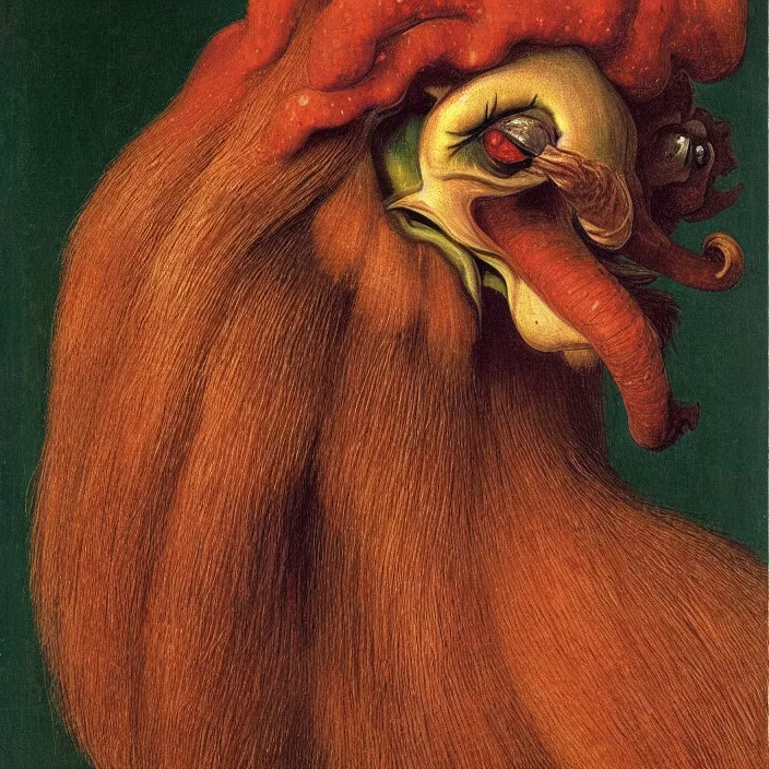 Image similar to close up portrait of a mutant monster creature with giant protruding eyes bulging out of their eye sockets, exotic orchid - like mouth, long colorful hair growing out of the nostrils, antelope horns. by jan van eyck, audubon