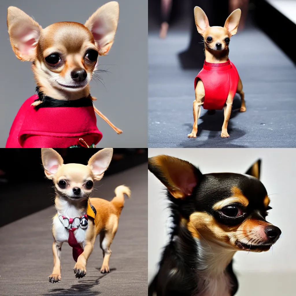 Prompt: Chihuahua fashion model walks the runway