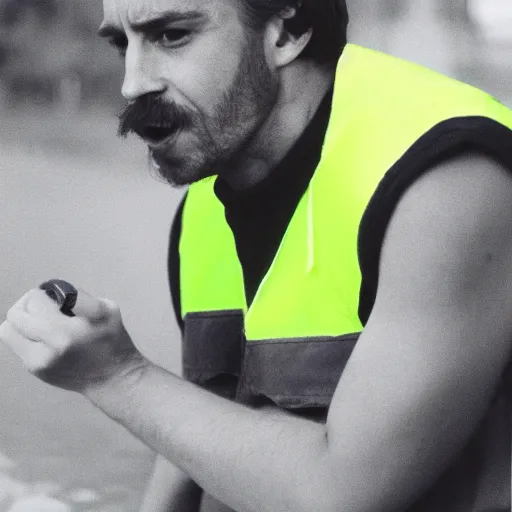 Image similar to photo, close up, emma watson in a hi vis vest, chewing tobacco, bulging lower lip, portrait, kodak gold 2 0 0,