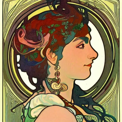 Prompt: art nouveau illustration of a south american woman touching the head of a llama, her face shown in profile, in the style of alphonse mucha