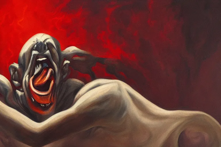 Prompt: sideview painting of a beaten demon gasping his list breath on the ground, wide angle, closeup, 4k