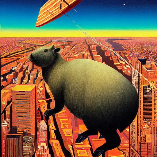 Prompt: a detailed painting of a capybara in a cape flying above new york by casey weldon, new contemporary art, comic book illustration