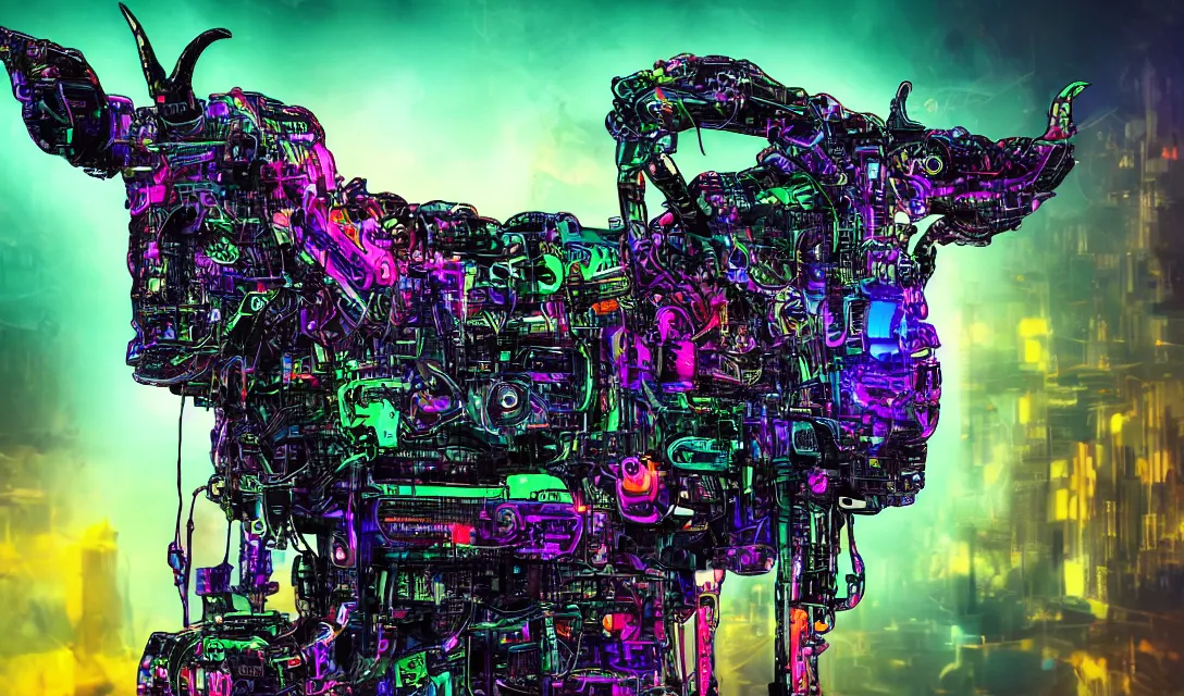 Image similar to complex cyberpunk machine background merged with evil cybernetic goat head in center focus, multicolored digital art