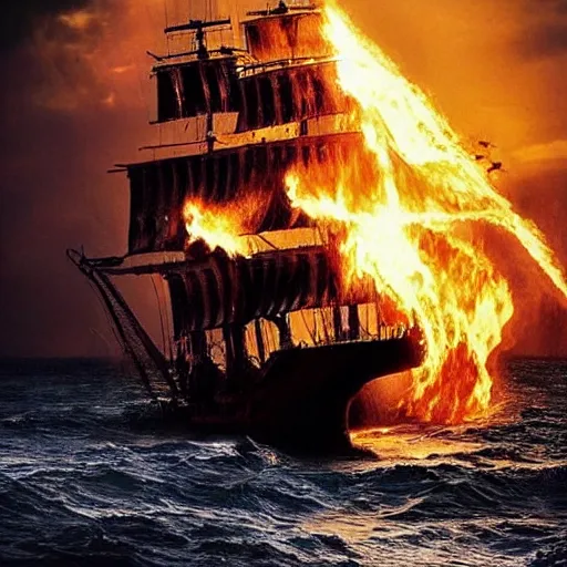 Prompt: pirate, ship, fire, ocean, cinematic, artistic, trending, epic, wind, wild, beautiful, tragedy, tragic, movie