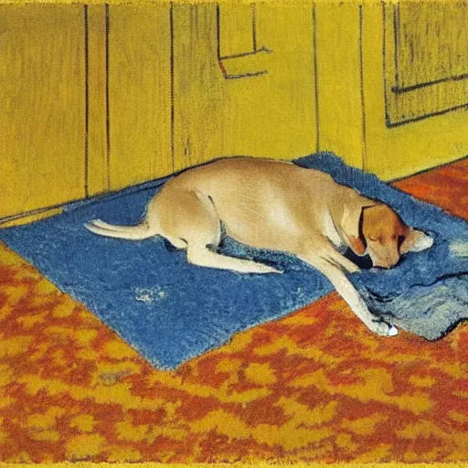 Image similar to degas painting of a yellow lab sleeping contentedly on a patterned rug inside a house at night, lit by warm yellow floodlights