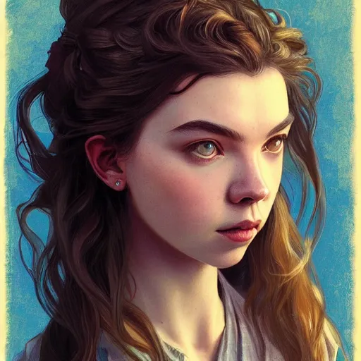 Image similar to portrait of Anya Taylor Joy highly detailed, digital painting, artstation, smooth, sharp focus, illustration, art by artgerm and greg rutkowski and alphonse mucha