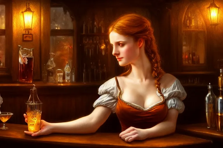 Image similar to a beautiful barmaid, dimly lit cozy tavern, relaxed pose, fantasy, intricate, elegant, dramatic lighting, emotionally evoking symbolic metaphor, highly detailed, lifelike, photorealistic, digital painting, artstation, concept art, smooth, sharp focus, illustration, art by John Collier and Albert Aublet and Krenz Cushart and Artem Demura and Alphonse Mucha