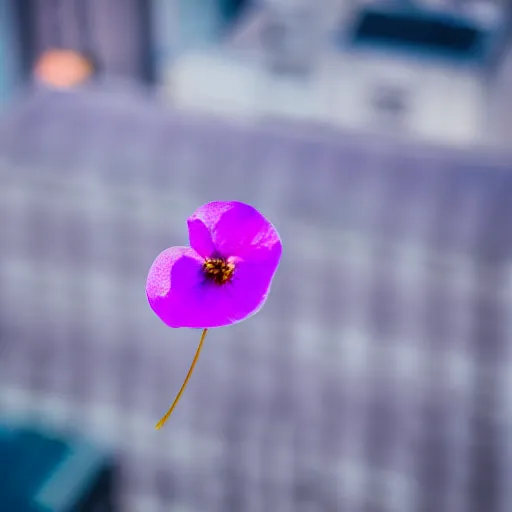 Prompt: closeup photo of lone purple petal flying above a city, aerial view, shallow depth of field, cinematic, 8 0 mm, f 1. 8