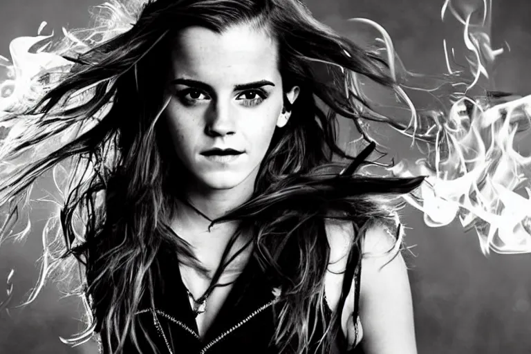 Image similar to emma watson as a heavy metal singer, stage lights, smoke, flames, medium shot