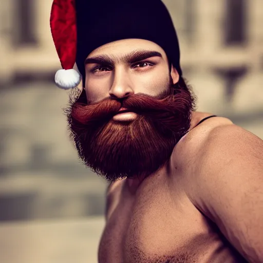 Prompt: strong attractive man face symettry brown beard with christmas hat masculine traits brown hair purple eyes clean skin ultra realistic highly detailed highly realistic 8 k photo realistic