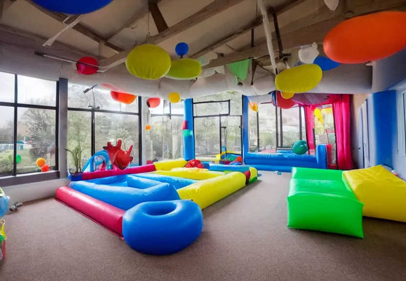 Prompt: A bouncy house with a ball pit and a trampoline inside a big empty room with light coming through windows