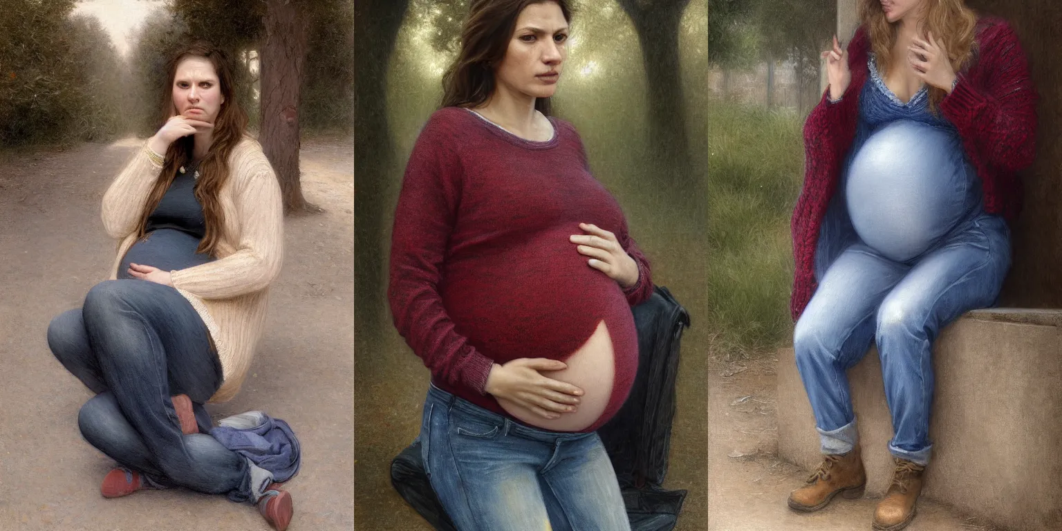 Prompt: pregnant woman in jeans and sweater waiting for the bus, by Alyssa Monks, Bouguereau, hyper realism, dramatic lighting, high detail 4k