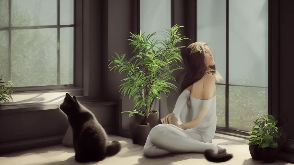 Image similar to peaceful dreamy photograph of a beautiful young woman sitting with her black cat, detailed face, sunshine coming through the window, small plants on the window sill, 8k, hyper realism, trending on artstation, octane render, dynamic lighting