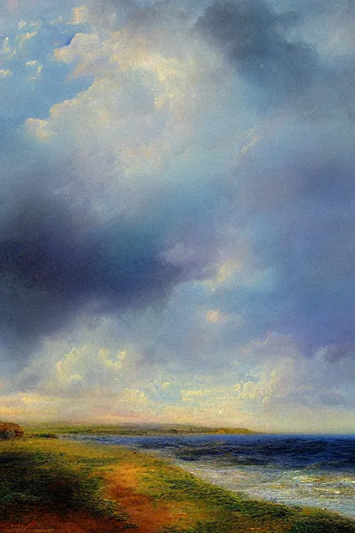 Image similar to digital painting detailed serene ocean mist candy cloudy sky by arthur hughes