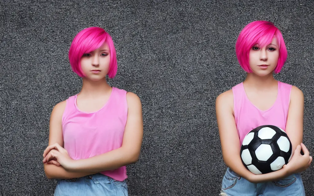 Prompt: A cute girl with short pink hair, posing for Portrait at a soccer stadium. 4K HD Wallpaper. Premium Prints Available