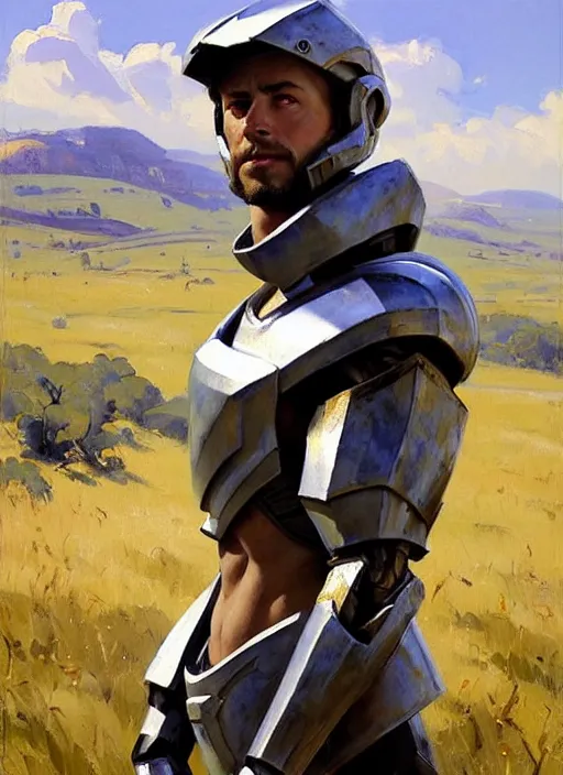 Image similar to Greg Manchess painting of a Corgian wearing Forerunner Armor from Halo, countryside, calm, fantasy character portrait, dynamic pose, above view, sunny day, artwork by Jeremy Lipkin and Giuseppe Dangelico Pino and Michael Garmash and Rob Rey, very coherent asymmetrical artwork, sharp edges, perfect face, simple form, 100mm