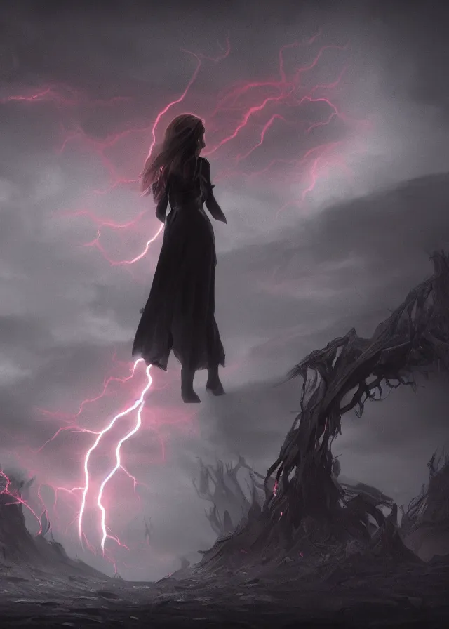 Prompt: a highly detailed matte painting of a silhouette of a young woman with weightless floating brown hair and glowing eyes surrounded by crackling electricity and plasma lightning, framed by stone antler roots, dark, ominous, foreboding, 8 k hd, concept art, artstation, deviantart, cg society,