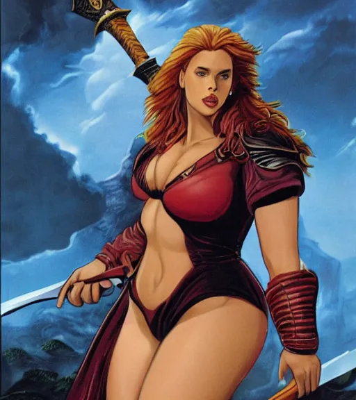 Image similar to 1 9 8 0 s fantasy novel book cover, bbw plus size amazonian scarlett johansson in extremely tight bikini armor wielding a cartoonishly large sword, exaggerated body features, dark and smoky background, low quality print