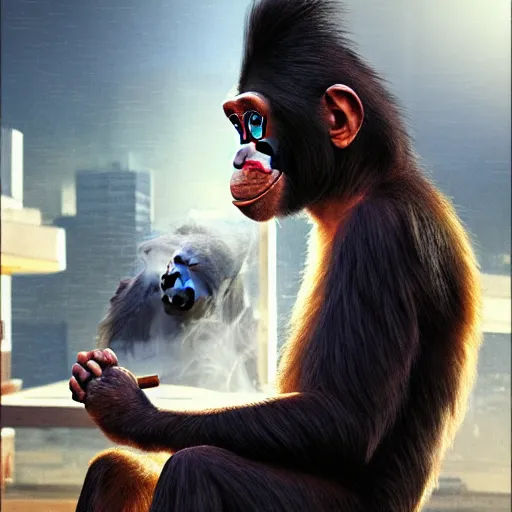 Image similar to a chimp wearing a suit smoking a cigar, dramatic lighting, cinematic, establishing shot, extremly high detail, photorealistic, cinematic lighting, artstation, style by James Gurney