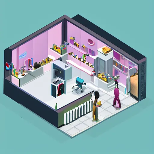 Prompt: isometric cartoon axometric of hair salon in Taiwan with mirrors on walls and air conditioning