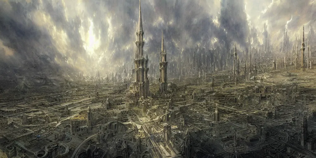 Prompt: a beautiful painting of epic fantasy islamic city and zaha hadid city by alan lee, trending on artstation