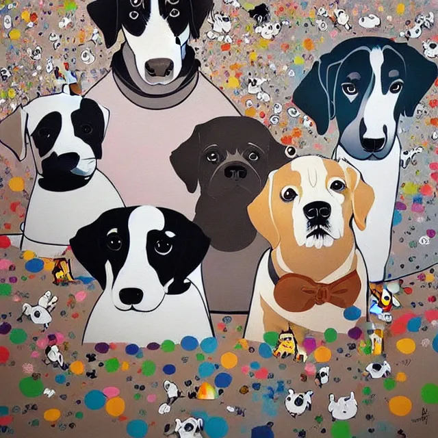 Prompt: a beautiful mural of dogs, by murakami takashi painting and banksy, illustration style