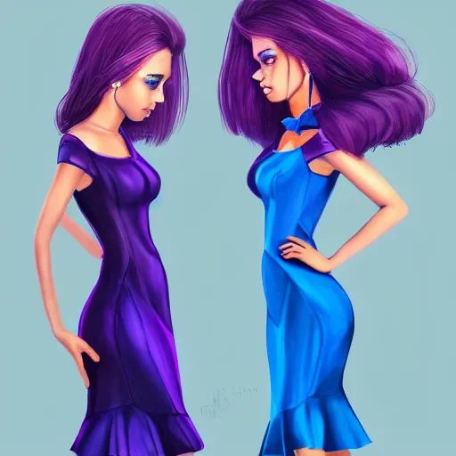 Image similar to twins wearing a purple and blue dress, full body shot, red hair, highly detailed, digital painting, artstation, concept art, smooth, sharp focus, illustration