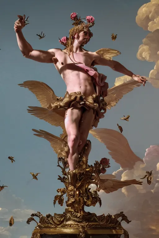 Prompt: a young handsome Spanish prince in a full-body bronze baroque statue of Icarus posed like a bird, crown of peach roses, flowing pink-colored silk, fabric, flowers. baroque elements, human skull. full-length view. baroque element. intricate artwork by caravaggio. many many birds birds on background. Trending on artstation, octane render, cinematic lighting from the right, hyper realism, octane render, 8k, depth of field, 3D