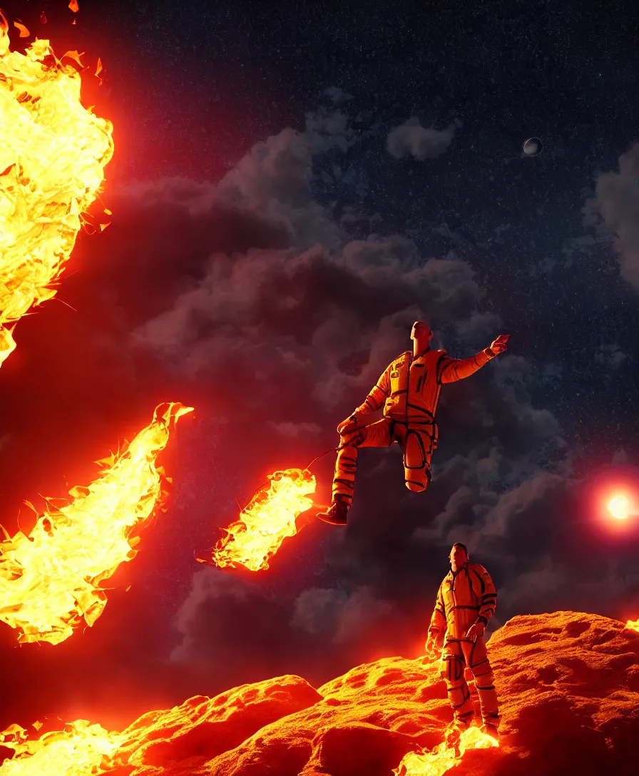 Prompt: realistic photo of a man just landed on firey future planet, stars are glowing around, octane render, very hyper realistic, highly detailed