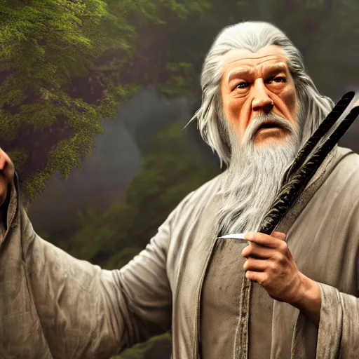 Image similar to A beautiful hyper realistic ultra detailed lifelike matte painting of Nathan Fillion as Gandalf the grey casting a fork spell in apiary, unreal engine, deviantart, flickr, artstation, octane render, textured, colorful, extreme realistic detail, physically based rendering, pbr render, very detailed, volumetric lighting, detailed lighting, octane render, 4k, cinematic lighting, 8k resolution