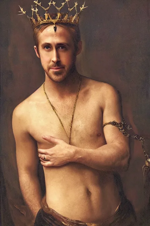 Prompt: Gorgeous full-body renaissance portrait of Ryan Gosling as a king of fantasy kingdom with Crown of thorns on his head, beautiful face, Perfect detailed face, front view, gold, artstation, very beautiful, luxurious, impressive, soft light, dazzling, divine, elegant, by Valentin de Boulogne and Giovanni Battista Piazzetta