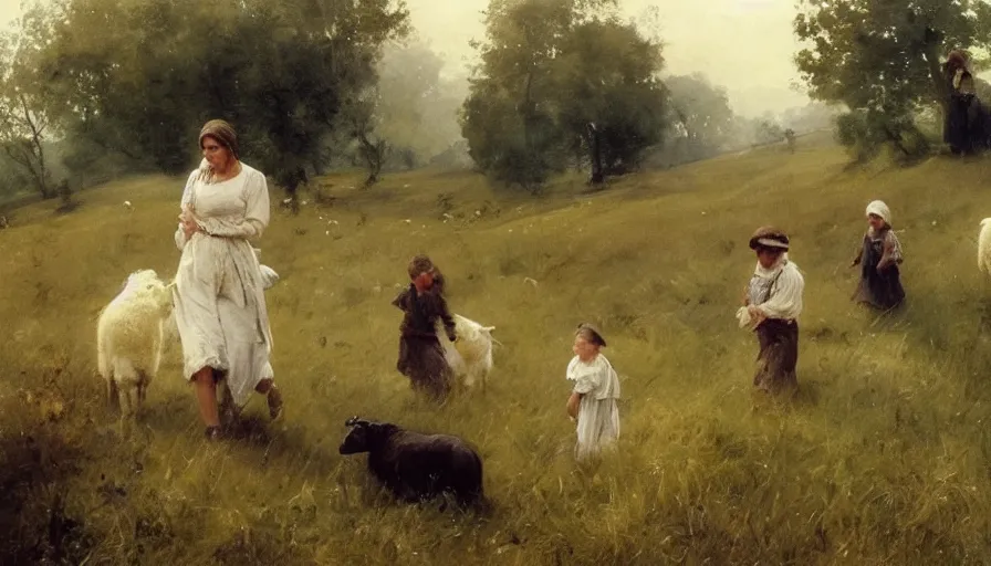 Image similar to simple amish shepherd and children with flocks of sheep in open fields, art by anders zorn, wonderful masterpiece by greg rutkowski, beautiful cinematic light, american romanticism thomas lawrence, greg rutkowski