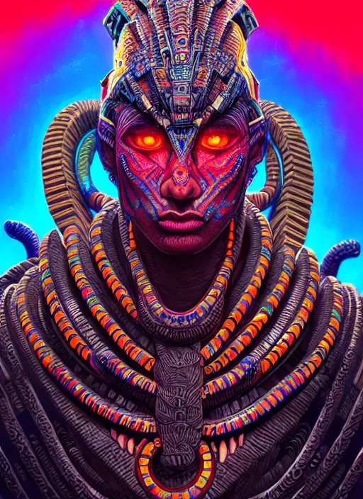 Image similar to hyper detailed ultra sharp aztec serpent warrior trance man. trending on artstation, warpaint aesthetic, earthwave, colorful, neon, ornate, intricate, digital painting, concept art, smooth, sharp focus, illustration, art by artgerm and greg rutkowski and h. r. giger, 8 k