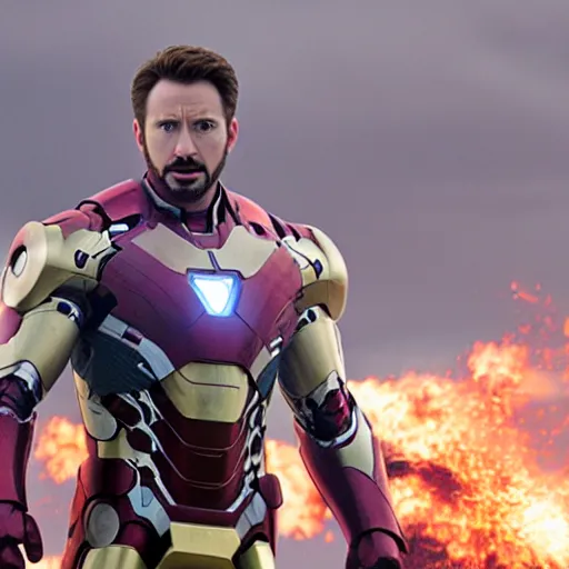 Prompt: promotional image of Chris Evans as Iron Man in Iron Man（2008）, he wears Iron Man armor without his face, movie still frame, promotional image, imax 70 mm footage