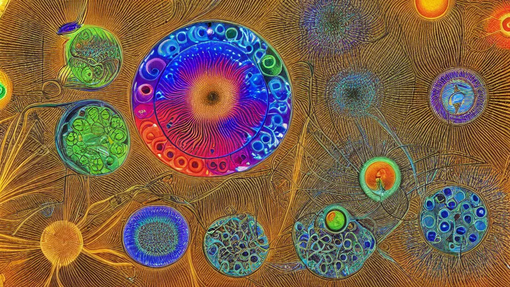 Prompt: quantum connections represented as symbiotic organisms like cells playing around with colorful lights by ernst haeckel, connectivity, sharp, magnetic, peaceful