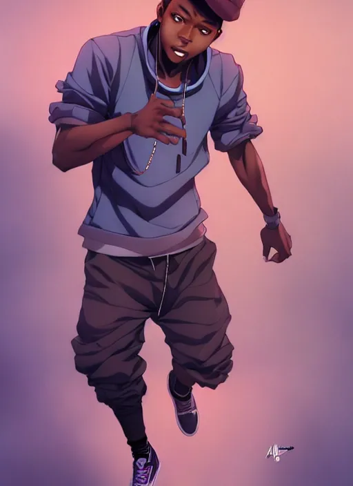 Prompt: handsome hip hop young black man, model pose, joyful, anime style, scenery wallpaper aesthetic, pastel colors, symmetrical face, cinematic, dramatic, super detailed and intricate, hyper realistic, 4 k render, by artgerm, by kyoung hwan kim, by ralph mcquarrie, by yoshiyuki tomino